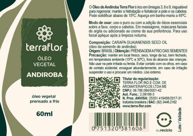 Rótulo do óleo vegetal Andiroba (Carapa guaianensis) Terra Flor