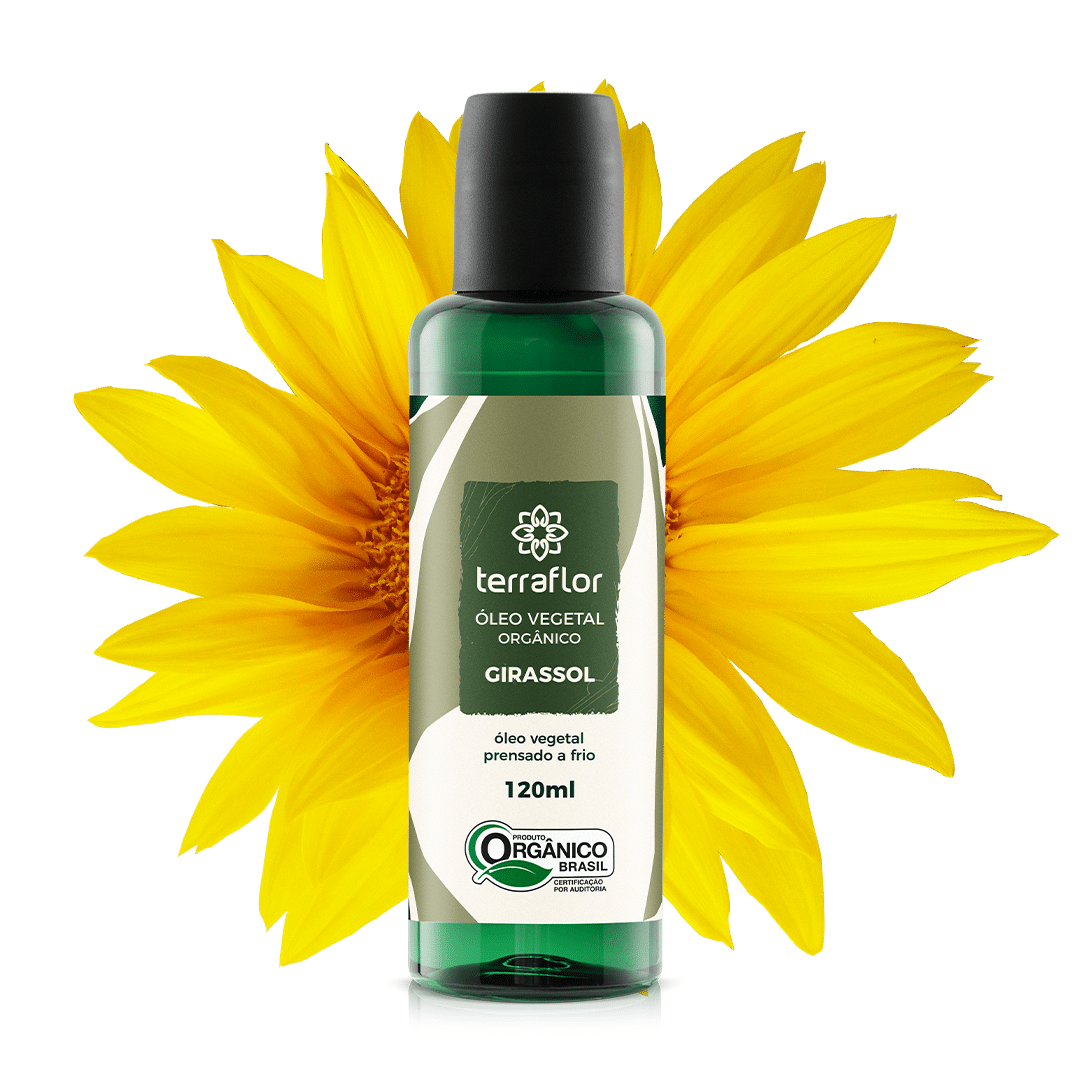 Óleo Vegetal de Girassol Orgânico 120ml Frasco do óleo vegetal de girassol orgânico 120ml com flor de girassol ao fundo.