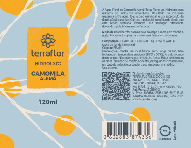 Rótulo do hidrolato Camomila Alemã (Chamomilla recutita) Terra Flor