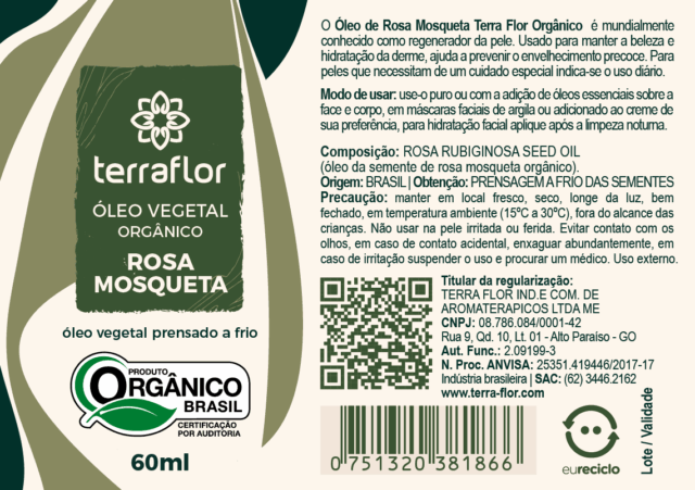 Rótulo do óleo vegetal Rosa Mosqueta (Rosa rubiginosa) orgânico Terra Flor