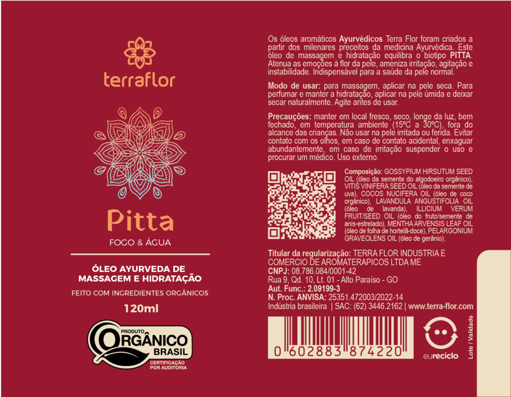 Rótulo do óleo de massagem Ayurveda Pitta orgânico Terra Flor