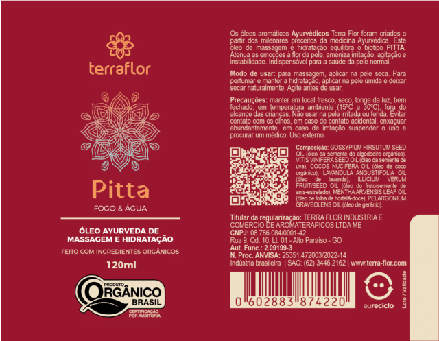 Rótulo do óleo de massagem Ayurveda Pitta orgânico Terra Flor