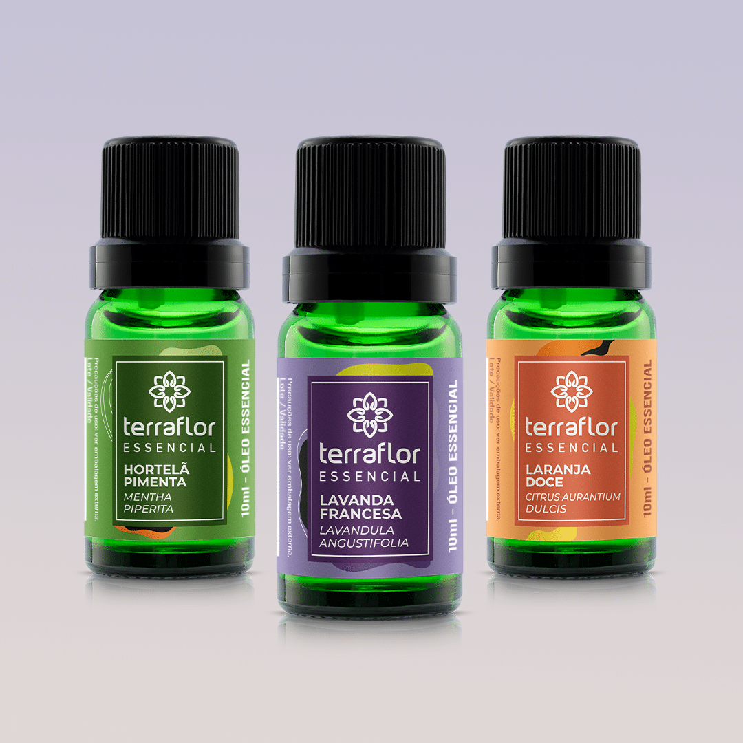 Kit Aromaterapia Top 3 Embalagens dos 3 óleos essenciais do Kit Aromaterapia Top 3