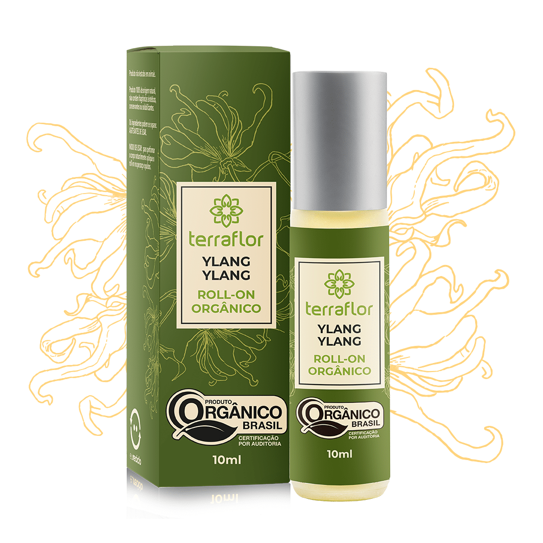 Roll-on Orgânico de Ylang Ylang 10ml Frasco e embalagem do roll-on orgânico de ylang ylang com ilustrações ao fundo.