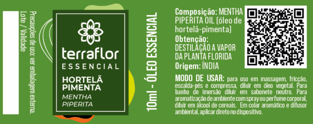 Rótulo do óleo essencial de hortelã pimenta.