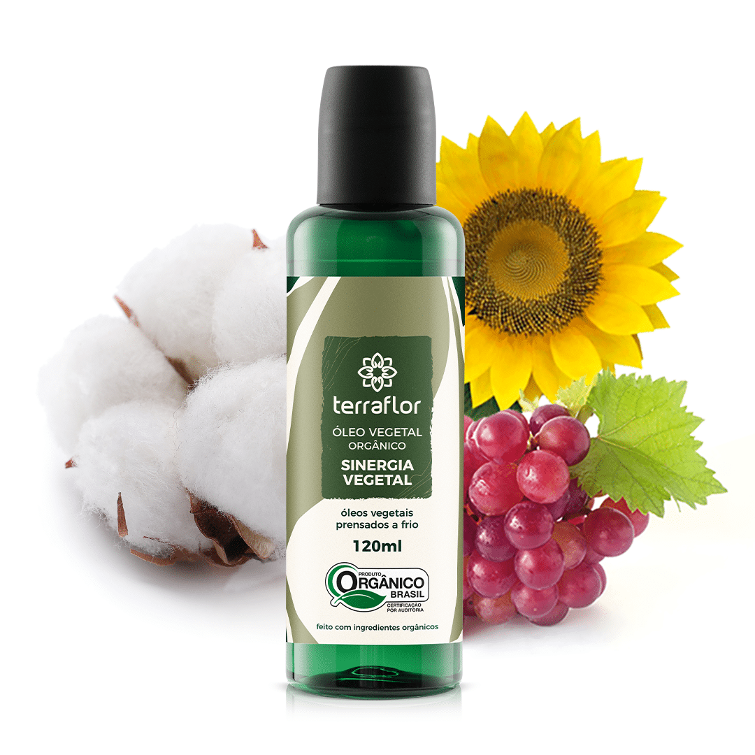 Sinergia Vegetal Orgânico 120ml Frasco de sinergia vegetal orgânico com, girassol, algodão e cacho de uvas ao fundo.