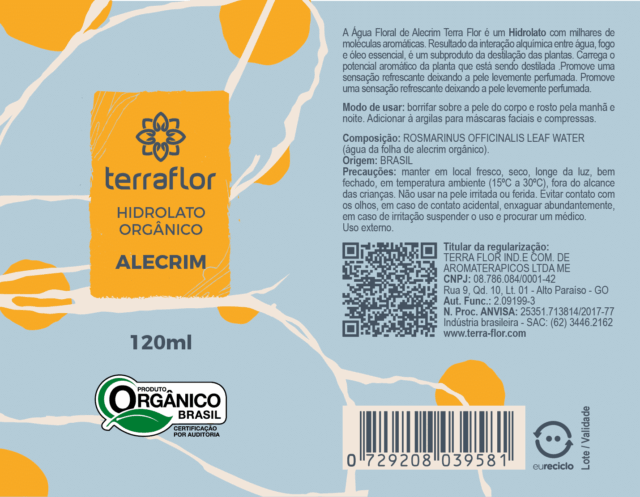 Rótulo do hidrolato de alecrim orgânico.