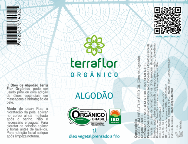 Rótulo do óleo vegetal de algodao orgânico 1L.