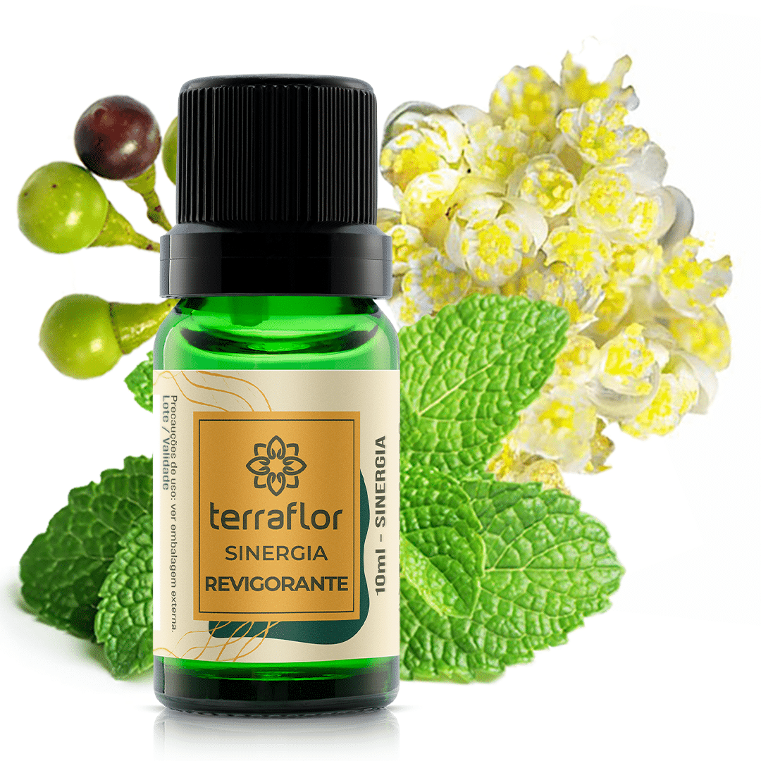 Sinergia Revigorante 10ml Frasco da Sinergia Revigorante com plantas ao fundo.