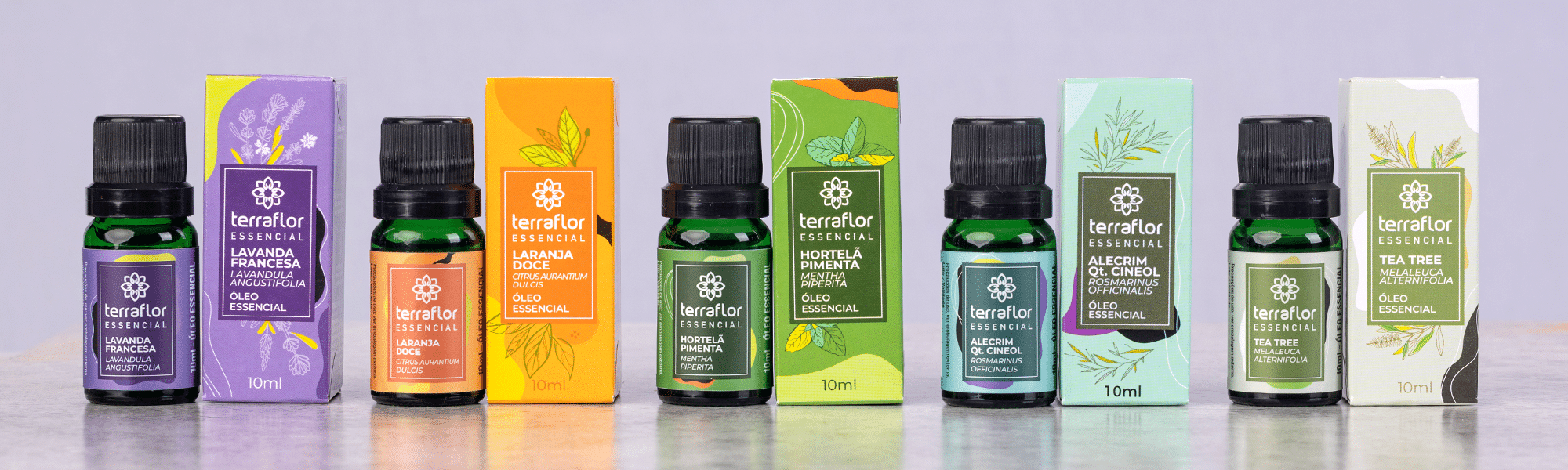Imagem com óleos essenciais de Lavanda, Laranja Doce, Hortelã Pimenta, Alecrim e Tea Tree