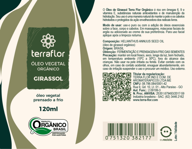 Rótulo de óleo vegetal de girassol orgânico 120ml