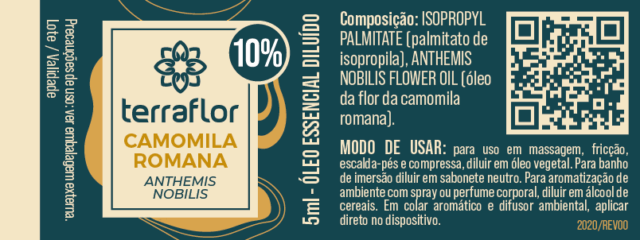 Rótulo do óleo essencial Camomila Romana (Anthemis nobilis) diluído a 10% Terra Flor