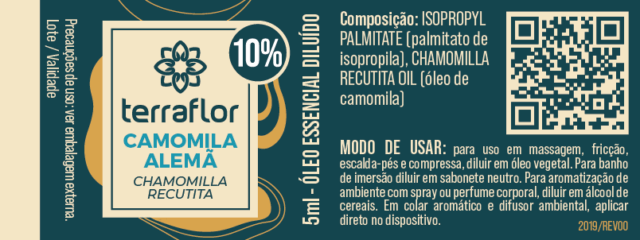 Rótulo do óleo essencial Camomila Alemã (Chamomilla recutita) diluído a 10% Terra Flor