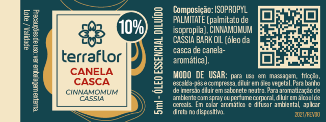 Rótulo do óleo essencial Canela Casca (Cinnamomum cassia) diluído a 10% Terra Flor
