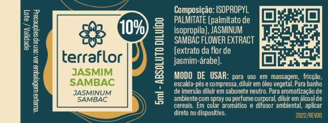 Rótulo do óleo essencial Jasmim Sambac (Jasminum Sambac) diluído a 10% Terra Flor