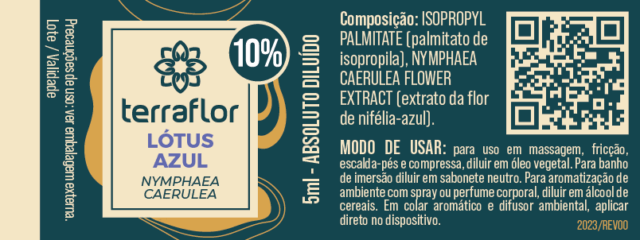 Rótulo do óleo essencial Lótus Azul (Nymphaea caerulea) diluído a 10% Terra Flor