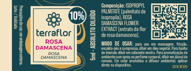 Rótulo do óleo essencial Rosa Damascena (Rosa damascena) diluído a 10% Terra Flor