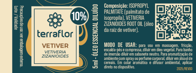 Rótulo do óleo essencial Vetiver (Vetiveria zizanioides) diluído a 10% Terra Flor