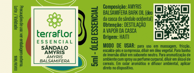 Rótulo do óleo essencial Sândalo Amyris (Amyris balsamifera) Terra Flor