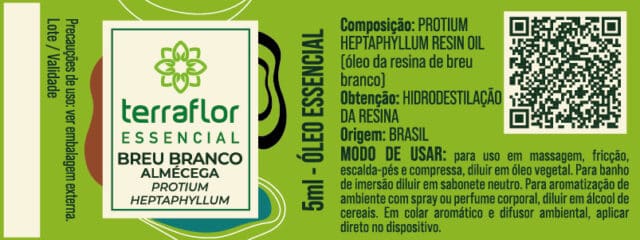 Rótulo do óleo essencial Breu Branco (Protium heptaphyllum) Terra Flor